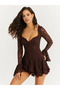 Coffee Lace Detailed Shorts Lined Mini Dress
