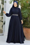 Pleated Dark Navy Blue Hijab Evening Dress 25888Kl
