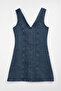 Women's V-Neck Sleeveless Blue Mini Denim Dress - 2