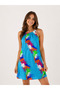 Women's Blue Patterned Thin Strap Mini Dress Summer Casual Dress