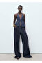 Denim Blouse with V-Neck Tie Detail - 2