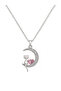 Women's Silver Color Crescent Moon Cat Necklace with Pink Heart Stone, Stylish Minimal Gift