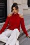 Women's Red Off-The-Shoulder Knit Sweater - 3