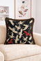 Flying Crane Patterned Black Background with Red and Beige Detail Fringed-Tasseled Throw Pillow Cover