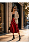 Red Satin High Waist Midi Daily Skirt - 2