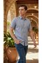 Short Sleeve Snap Fastener Free Collar Men's Linen Shirt