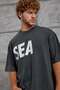 Men's T-Shirt Sea Print Washable Anthracite Oversize Printed Crew Neck Cotton - 3