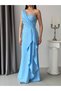 Baby Blue One-Shoulder Stone Embellished Flounce Evening Dress - 6