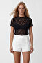 Black Stand Collar Short Sleeve Lace Blouse Alc-X15482