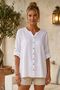 White Round Neck 3/4 Sleeve Buttoned Slit Perforated Embroidered Casual Cotton Woven Blouse 70 56
