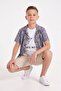 Blue Leaf Patterned Shirt and Linen Shorts Boys' T-Shirt 3-Piece Set 24030 - 3