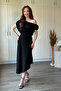 Asymmetrical Midi Black Dress with Draped Shoulders and Waistline