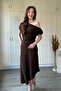 Asymmetrical Midi Brown Dress with Draped Shoulders and Waistline - 8