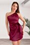 One Shoulder Satin Mini Evening Dress - Knot Detail Draped Short Dress 36-48 - 2