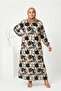 Plus Size Retro Patterned Viscose Hijab Dress - Gray & Black - Comfortable Fit, Summer Wear