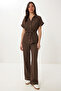 Belted Button Detailed Linen Top and Bottom Set Lby0055 Brown - 2