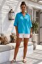 Turquoise Shirt Collar Buttoned 3/4 Sleeve Casual Muslin Oversize Woven Blouse 67 65 - 6