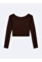Long Sleeve Crew Neck Crop Brown Sweatshirt - 2