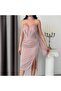 Powder Heart Collar Scarf Detailed Glittery Midi Evening Dress - 4