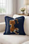 Fringed Throw Pillow Cover with Tiger Figure and Navy Blue Background - Wild Tropical Cushion Cover with Navy Blue Tassels - 3