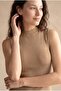 Women's Regular Fit High Neck Cotton / Elastane Sleeveless Brown Ribbed T-Shirt Sofia - 3