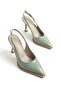 Women's Aqua Green Pointed Toe Thick Sole Open Back Gold Detailed Heeled Shoes - Stiletto