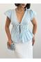 Crep Women's Lace Detailed Tie-Up Cotton Blouse Flounce Sleeve V-Neck Blouse Blue