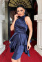 Satin Fabric Layered Mini Dress - Dark Blue - 4