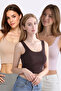 Women's 3-Piece Lace Detailed Ribbed Crop Top Undershirt - 92% Cotton Soft Textured Fabric