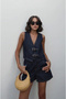 Women's Dark Navy Blue Belt-Detached Denim Vest and Shorts Set - 2