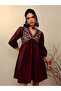 Brown Poplin Embroidered Gathered Mini Dress