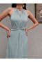 Water Green Waist Tie Slit Dress - 4