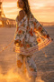 Island Girl Vintage Tie-Up Tropical Sleeve Kimono and Elastic Waist Wide Leg Pants with Pockets Summer Bohemian Boho Bohemian Set Suit