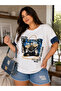 Plus Size Bee Figured Stone Detailed Printed Short Sleeve Women's Blouse