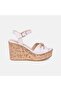 Women's Beige Leather Sandals with Gold Accessories and Wedge Heels - 2