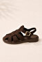 Women's Brown Suede Sandals with Cage Buckle Detail - 3