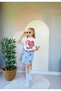 Girl's Hello Kitty Themed Two-Piece Set - Cream Embroidered T-Shirt and Denim Shorts Skirt Combination with Accessories - 2