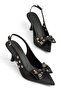 Perla Women's Black Satin Bow with Gold Detail Classic Heeled Shoes - 2