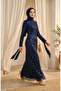 Beaded Tulle Hijab Evening Dress 5730-02 Navy Blue