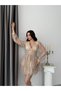 Beige V-Neck Lace Sleeve Short Evening Dress with Back Detail - 3