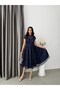 Navy Blue Shoulder Detail Lace Embroidered Sequined Midi Evening Dress - 3