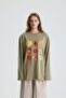 Women's Khaki Oversize Printed Cotton T-Shirt 31145 - 6