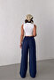Women's Navy Blue Elastic Waist Draped Trousers Nj139 - 3