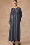 Pattern and Stone Detailed Cupra Silk Robe Black 6855 - 5
