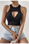Black Ribbed Low-Cut Crop Blouse