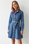 Women's Light Blue Belted Flared Denim Dress with Pockets Elb-19002267 - 2