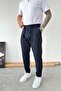 Navy Blue Regular Fit Fabric Trousers with Waist Rope Detail - 2
