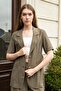 Women's Lycra-Free Linen-Look Fabric Collared Flato Pocketed Short Sleeve Blazer Jacket-Khaki - 3