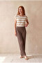 Women's Regular Fit Crew Neck Short Sleeve Ecru / Sand Color Striped Viscose / Elastane T-Shirt Wilda - 5