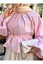 Women's Elastic Waist Pleated Detail Waist Tie Blouse Pink - 6